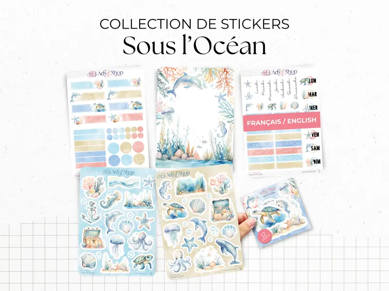 Collection de stickers "Sous l'Océan" - Autocollants sur le thème de l'été - Mer, vie marine, coraux, dauphin - Bullet Journal - Planner