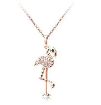 Collier Flamant Rose Strass Doré Rose