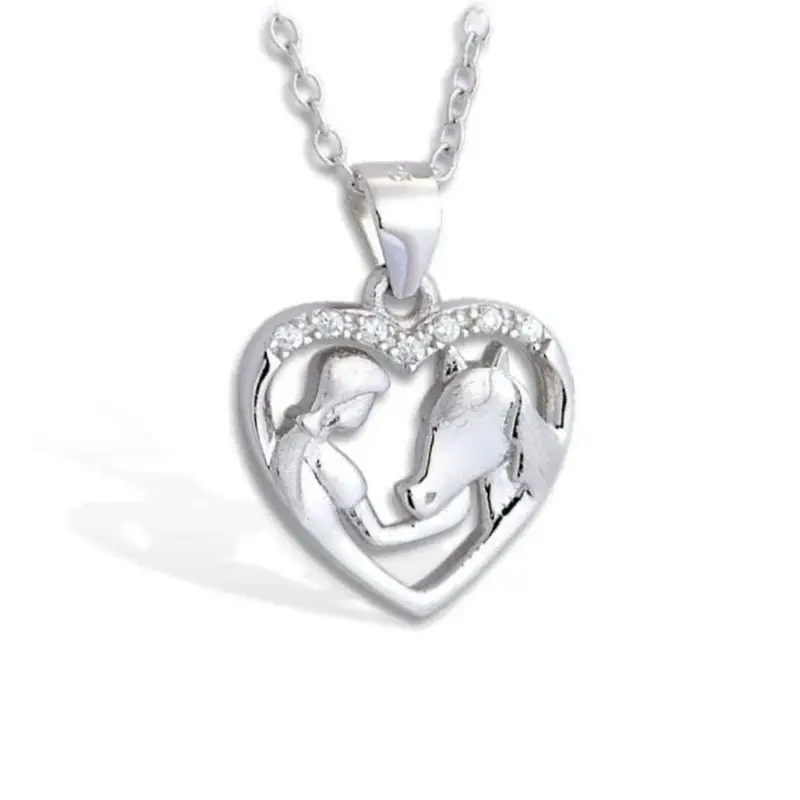Collier pendentif - Coeur Cheval fille - argent massif et zircon
