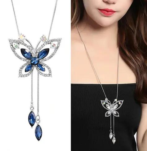 Collier Sautoir Papillon Bleu