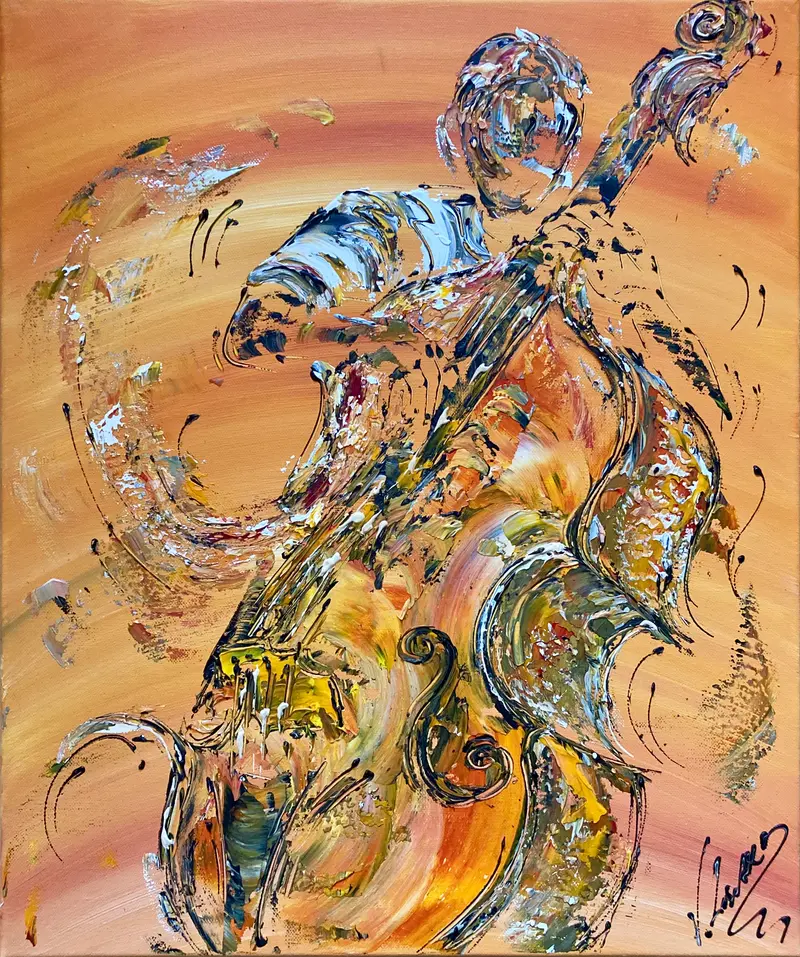 Contrebasse musicien - Peinture sur toile 55x46cm