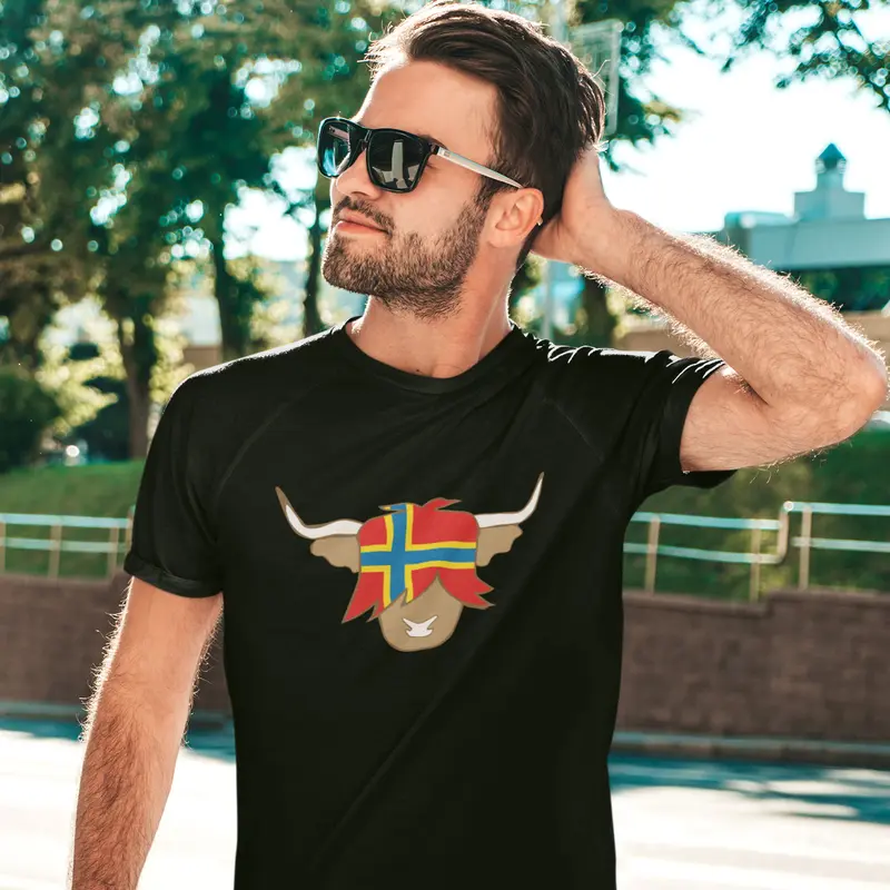 Cool scottish highland cow orkney flag t-shirt for men
