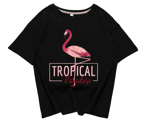 Crop Top T-shirt Flamant Rose Femme Noir