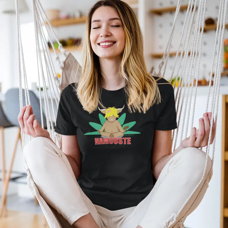 Cute yoga highland cow namooste woman T-Shirt