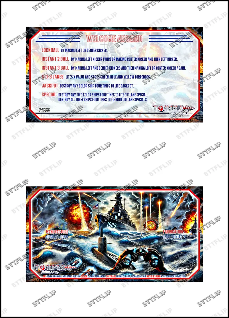 Data Torpedo Alley 1988 Jeu Cartes règles Instructions Flipper Custom Apron V2