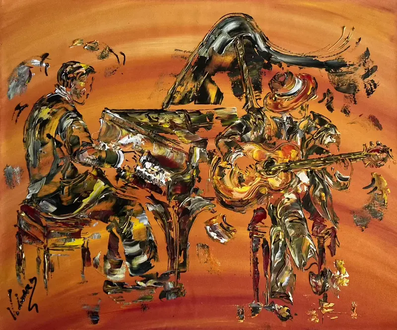 Duo Musiciens guitare et piano - Peinture sur toile 70x60 cm