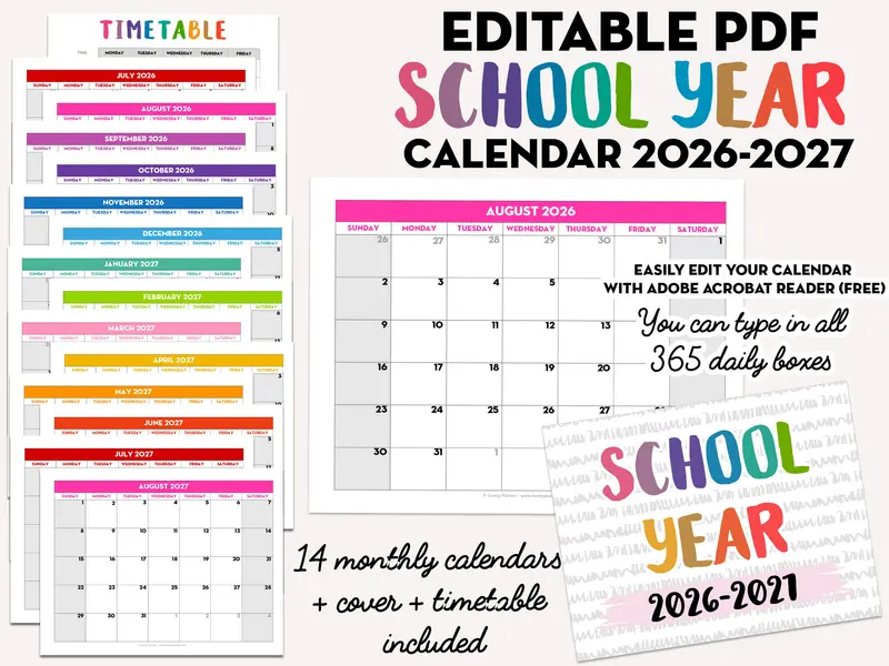 EDITABLE PDF - 2026-2027 Monthly School Calendar