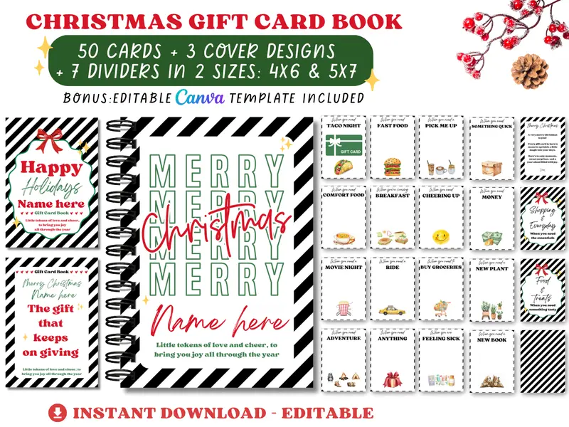Editable & Printable Christmas Gift Card Book - 50 gift card holders + 3 covers in 2 sizes 4x6 & 5x7 (SET B)