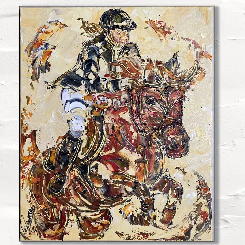 Equitation Cheval Cavalier - Peinture sur toile 50x61cm