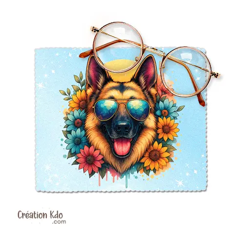 Essuie-lunette chien Berger Allemand fleurs Chiffonnette en microfibre