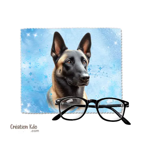 Essuie-lunette chien motif portrait Malinois chiffonnette bleue en microfibre