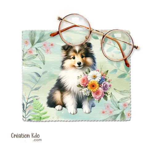 Essuie-lunette chiot Berger des Shetland bouquet de fleurs Chiffonnette microfibre