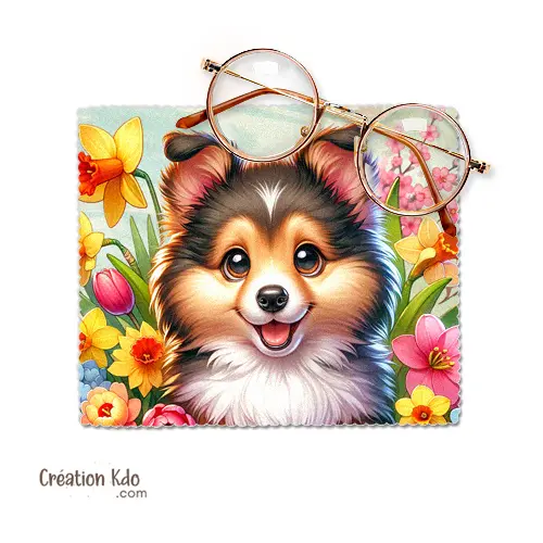 Essuie-lunette dessin Berger des Shetland plein de fleurs Chiffonnette tissu microfibre