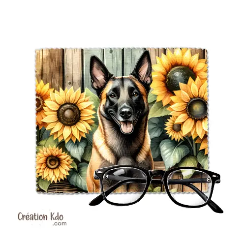 Essuie-lunette Malinois ambiance campagne tournesols chiffonnette microfibre
