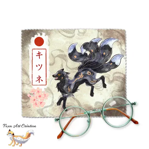 Essuie-Lunettes Microfibre Kitsune Argenté Noir - Chiffonnette Renard Japonais Kyubi Folklore Illustration