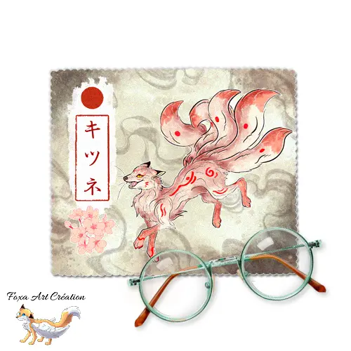 Essuie-Lunettes Microfibre Kitsune Blanc - Chiffonnette Renard Japonais Kyubi Folklore Illustration