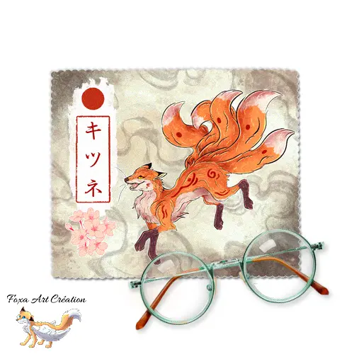 Essuie-Lunettes Microfibre Kitsune Roux - Chiffonnette Renard Japonais Kyubi Folklore Illustration