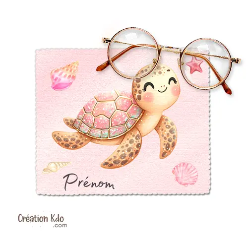 Essuie-lunettes Tortue tons roses en tissu Microfibre personnalisable prénom