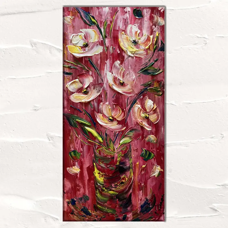 Fleurs bouquet rose & blanc - Peinture sur toile 30x60cm