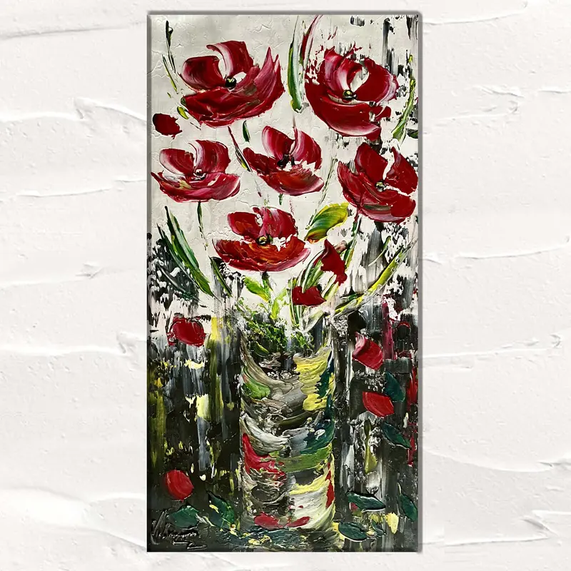 Fleurs bouquet rouge & jaune - Peinture sur toile 30x60cm