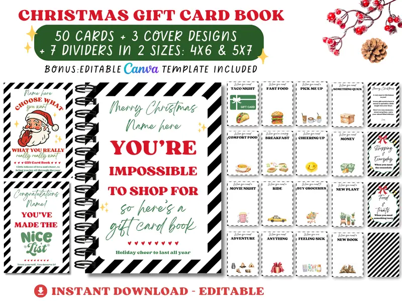 Funny Editable & Printable Christmas Gift Card Book - 50 gift card holders + 3 covers in 2 sizes 4x6 & 5x7 (SET C)