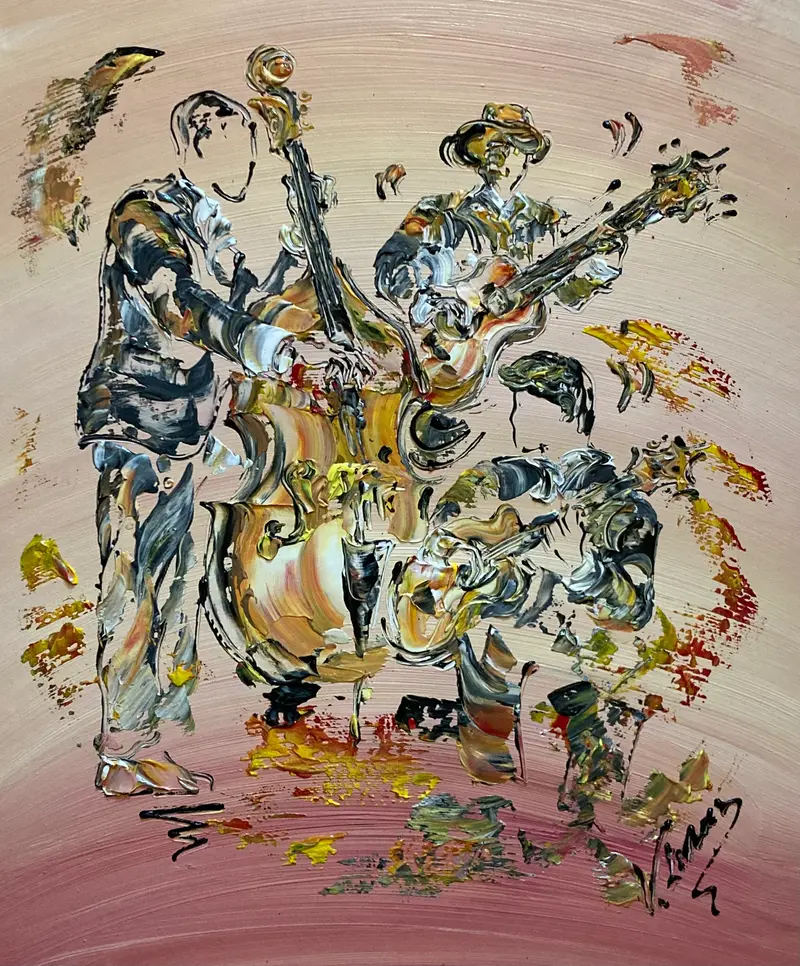 Groupe Musiciens Contrebasse Guitares - Peinture sur toile 55x46 cm