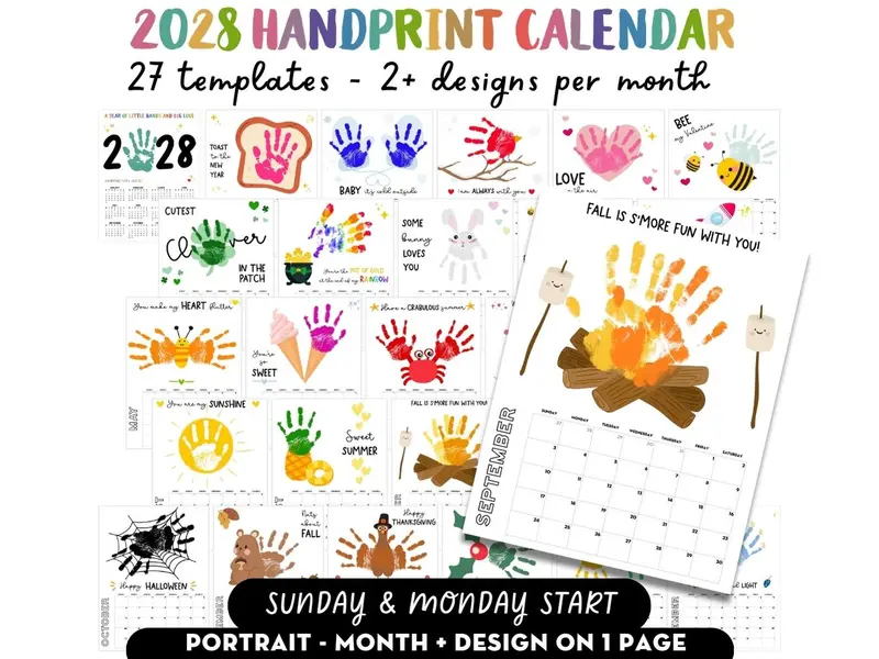Handprint Calendar 2028 - Memory Keepsake for kids (Portrait - 1 page per month)