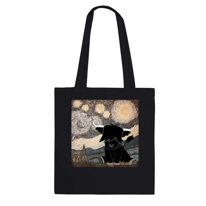 Highland cow artsy Tote bag van gogh starry night tote