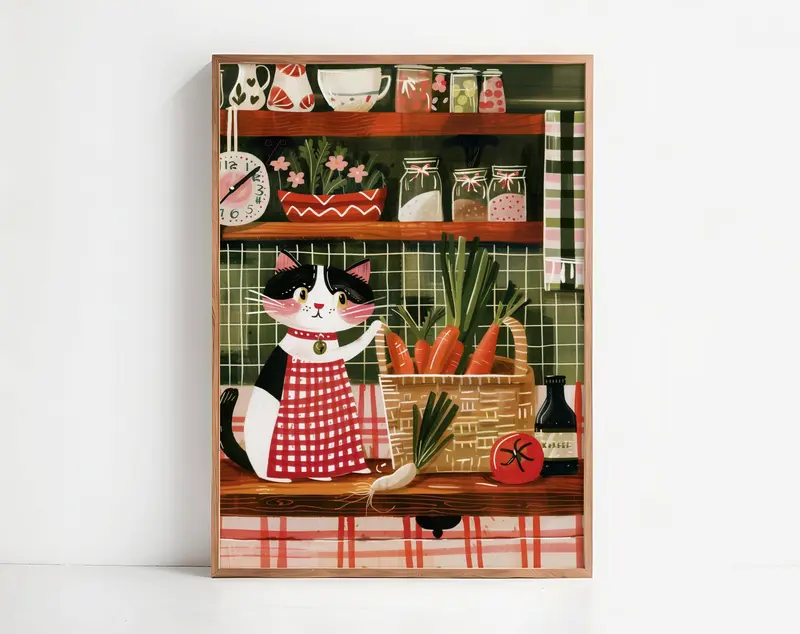 Illustration chat noir et blanc cuisinier – Illustration cuisine cottagecore – déco murale poétique chaleureuse, cadeau amoureux des chats