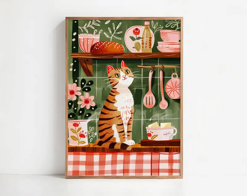 Illustration chat roux tigré cuisine vintage - illustration pour la cuisine - idée cadeau amoureux des chats