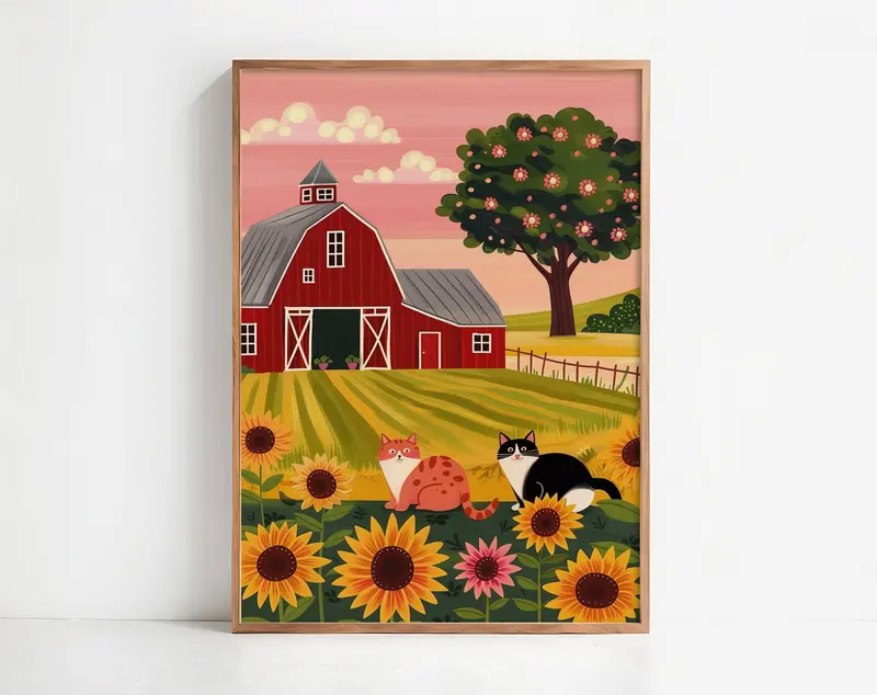 Illustration chats campagne tournesols | illustration ferme grange rouge | décor mural champêtre coloré | cadeau amoureux des chats