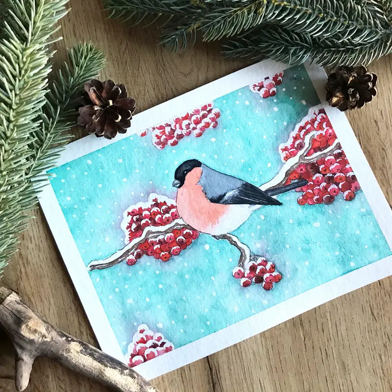 Illustration originale Bouvreuil sous la neige  - Aquarelle - Affiche - décoration