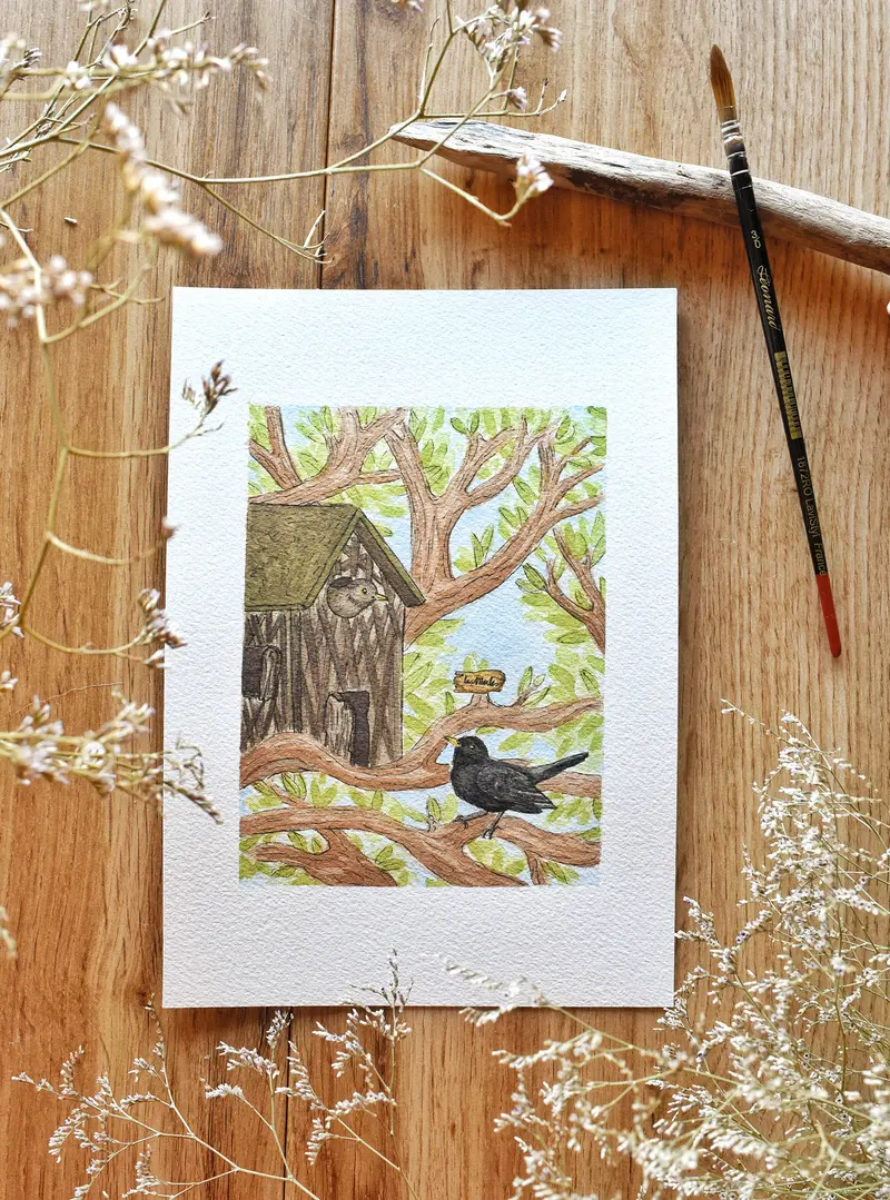 Illustration originale Chez les merles  - Aquarelle - Affiche - décoration