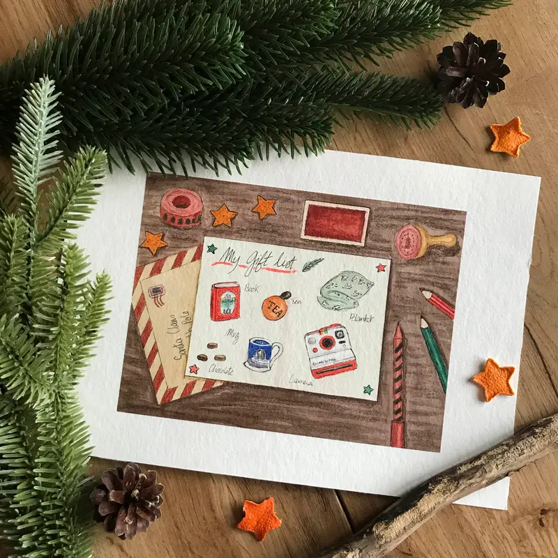 Illustration originale Lettre Père Noël - Aquarelle - Affiche - décoration