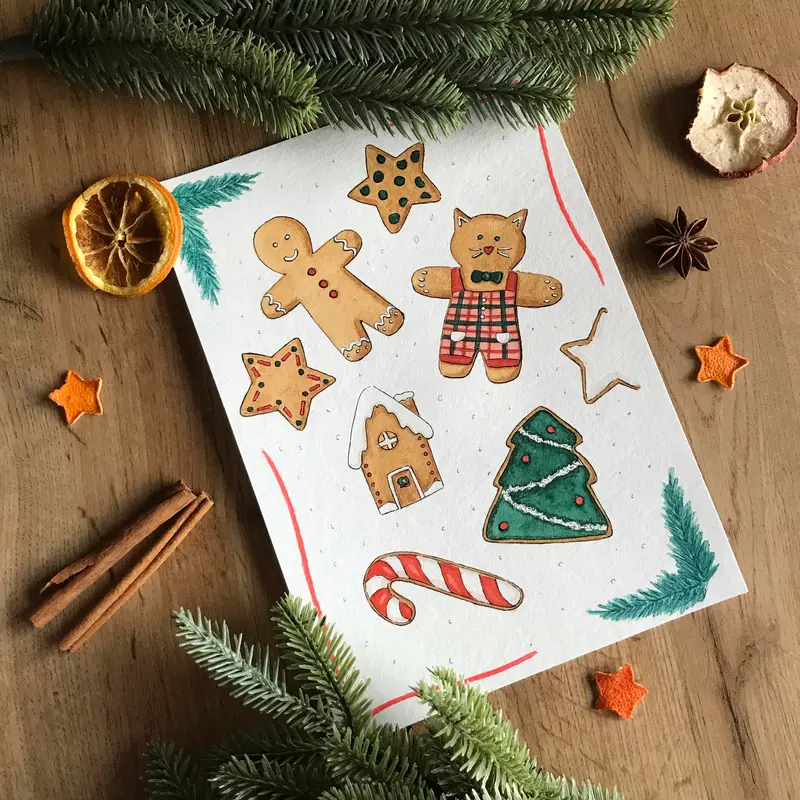 Illustration originale Sablés de Noël  - Aquarelle - Affiche - décoration