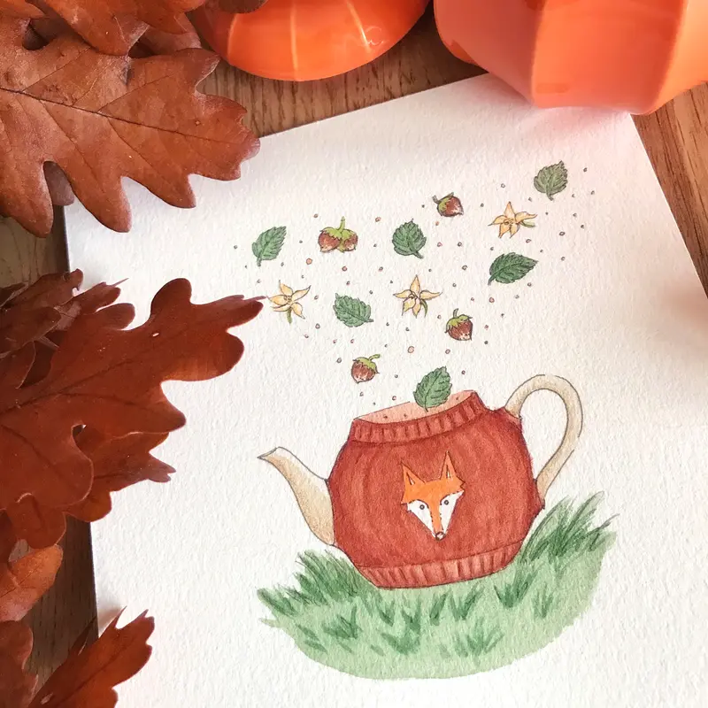 Illustration originale Théière renard  - Aquarelle - Affiche - décoration