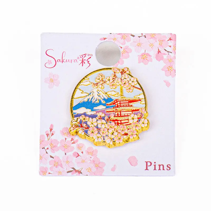Japońska Metalowa Przypinka - Światynia, Fuji i Sakura