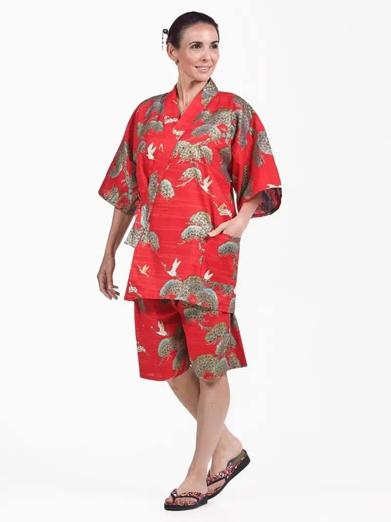 Jinbei Japonés Rojo Grulla y Pino Mujer