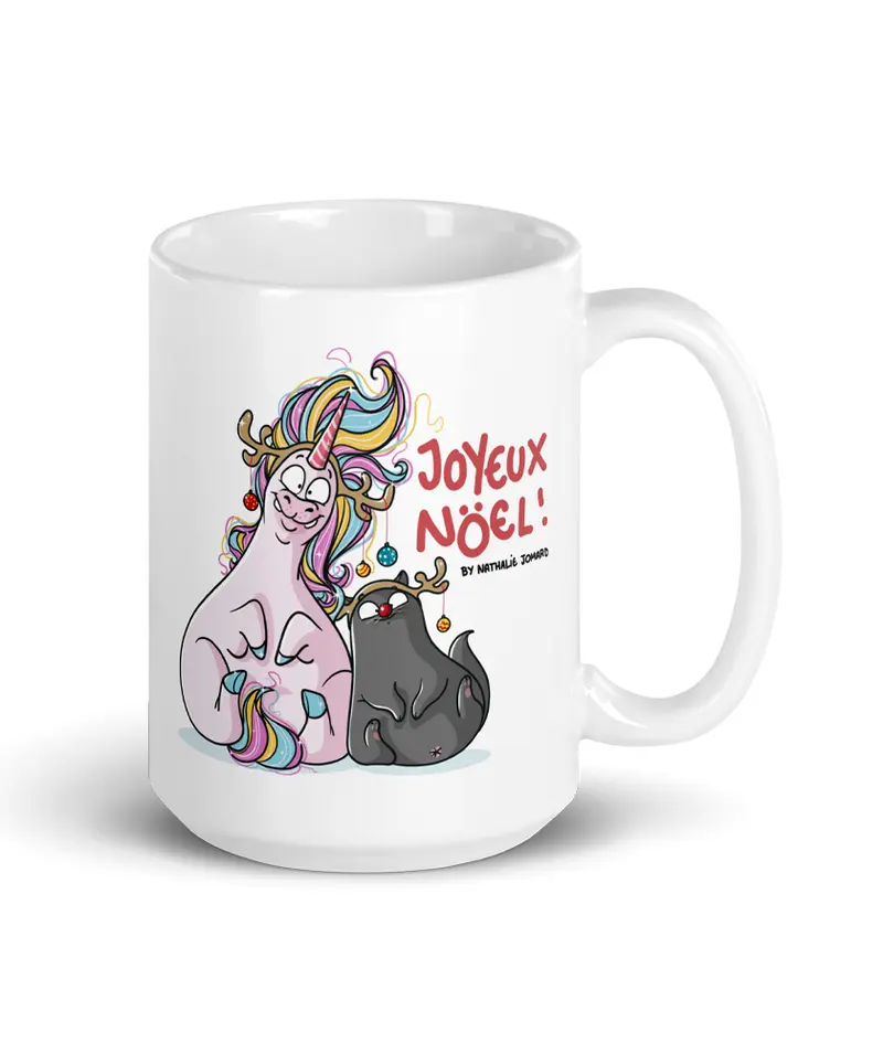 Joyeux Noël Bouboulicorne et Chat-Bouboule by Nathalie Jomard - Mug Blanc Brillant