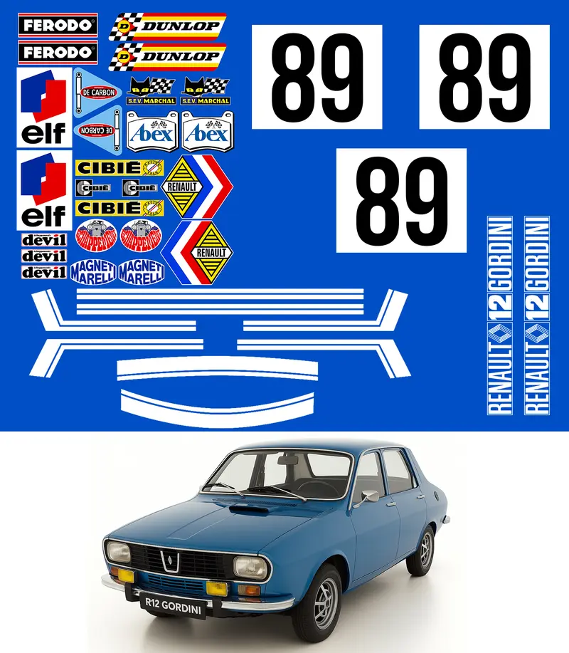 KIT STICKERS SPONSORS + BANDES + NUMEROS POUR RENAULT 12 GORDINI - Ref