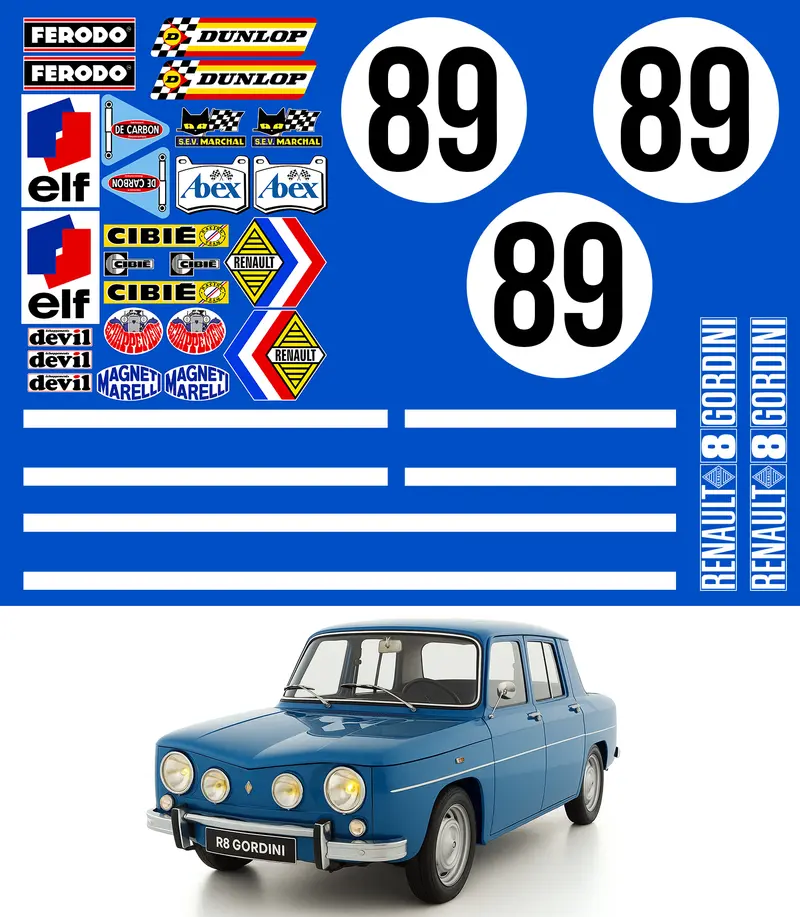 KIT STICKERS SPONSORS + BANDES + NUMEROS POUR RENAULT 8 GORDINI - Ref