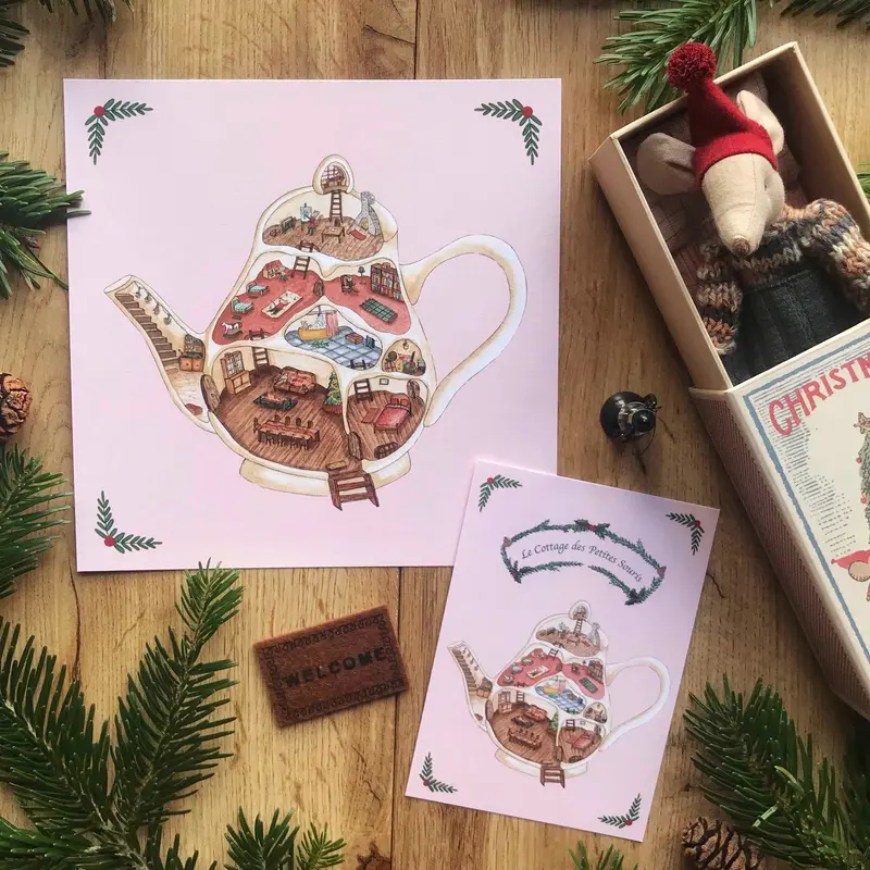 "Le cottage de noël des souris" Affiche ou carte de voeux - carterie - décoration