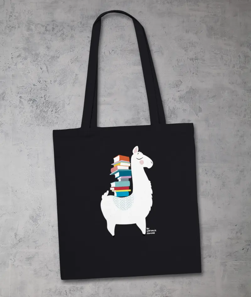 Le Lama bibliophile by Nathalie Jomard - Tote bag Premium Noir