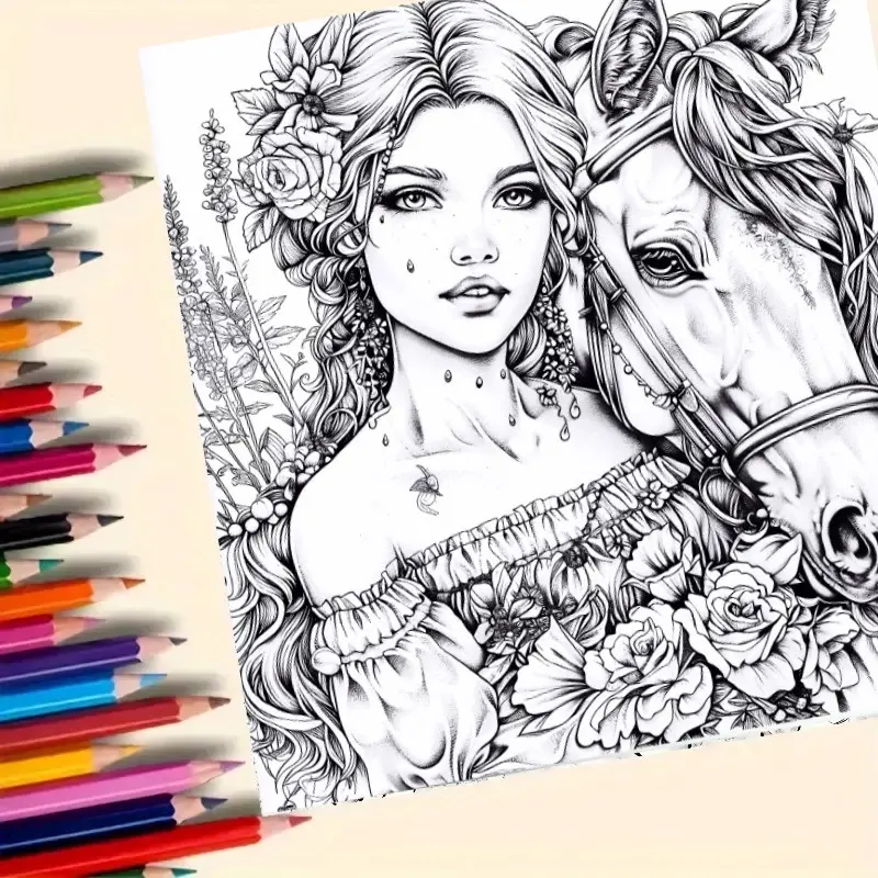 Livre de coloriage Belle et son cheval - 20 pages