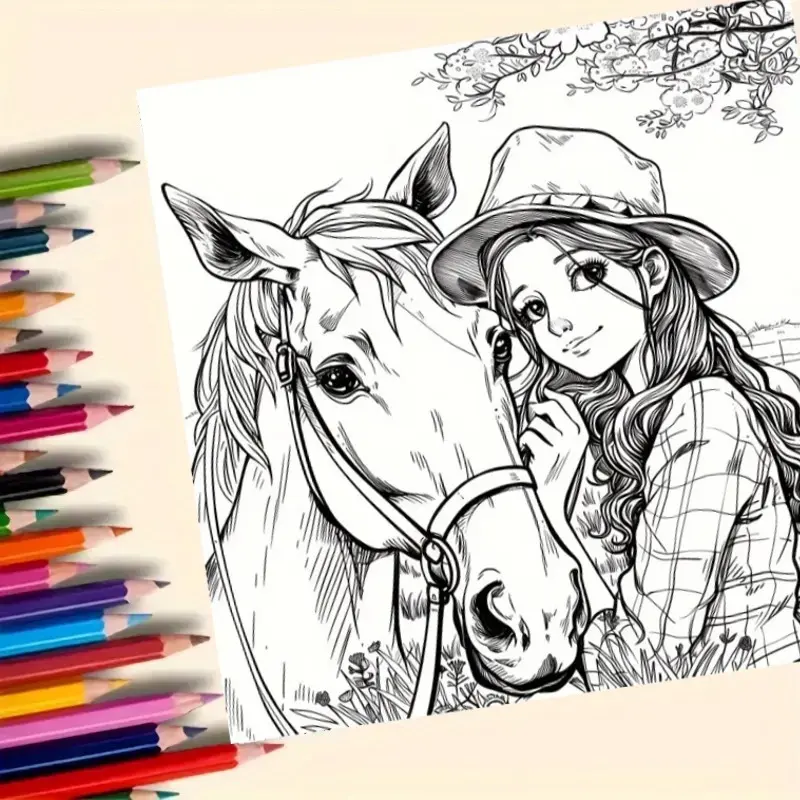 Livre de coloriage Girls and horses - 20 pages