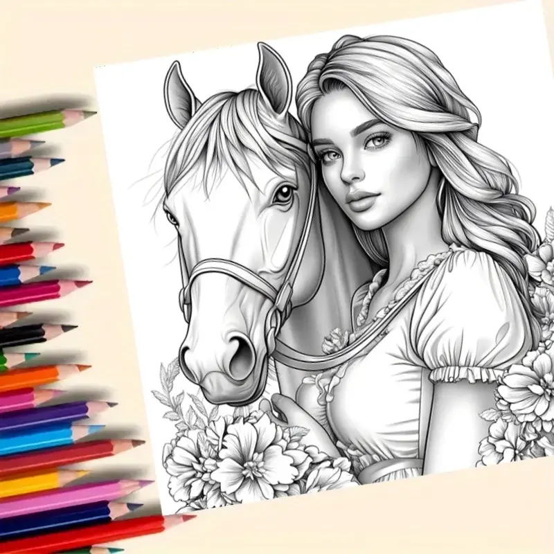 Livre de coloriage Princesse et son cheval - 20 pages