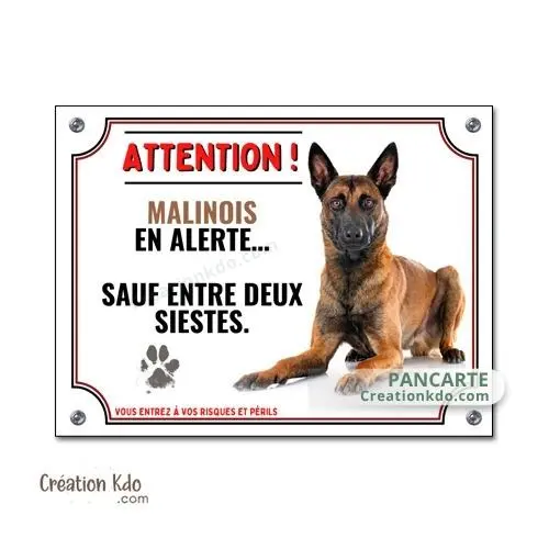 Malinois Plaque chien en alerte humour panneau monte la garde portail