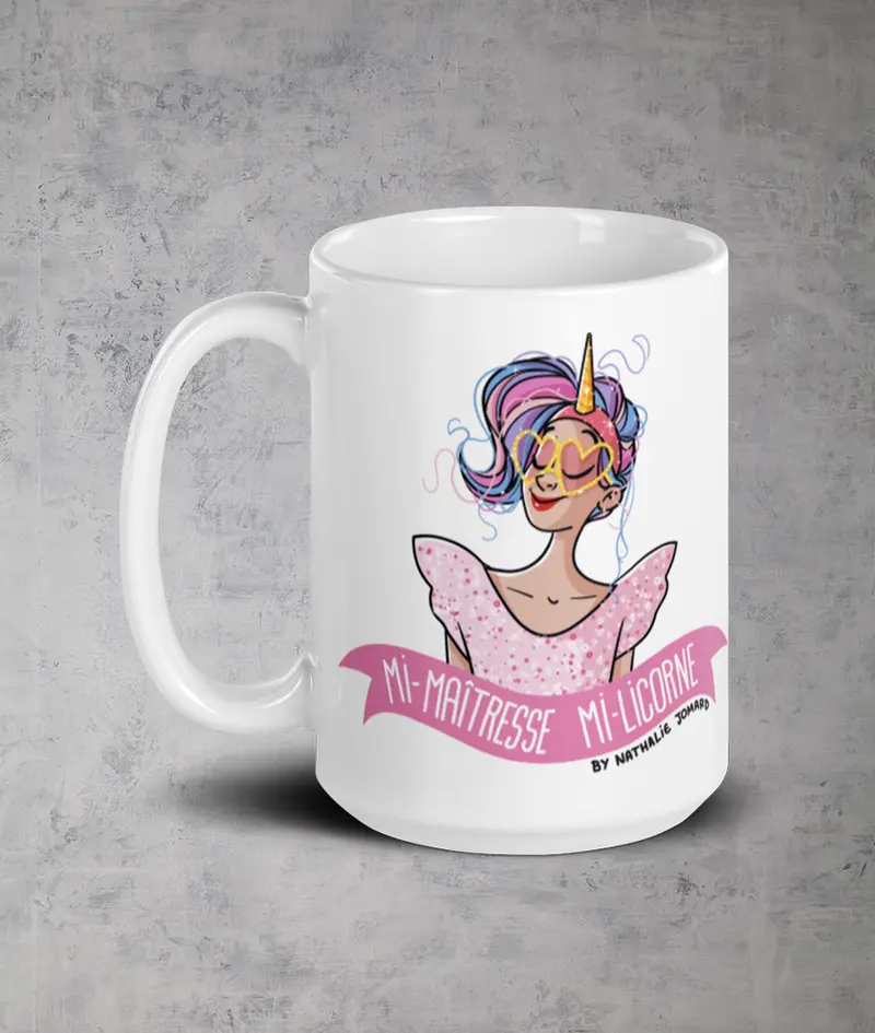 Mi-Maîtresse Mi-Licorne by Nathalie Jomard - Mug Blanc Brillant