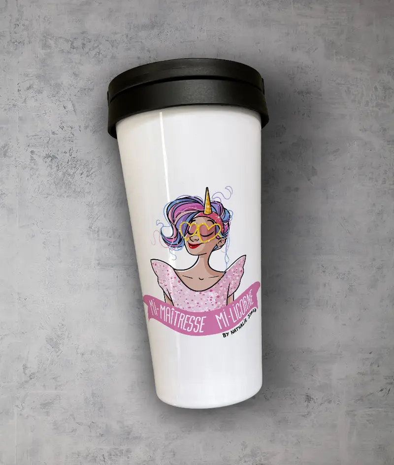 Mi-Maîtresse Mi-Licorne by Nathalie Jomard - Mug de voyage blanc en acier inoxydable