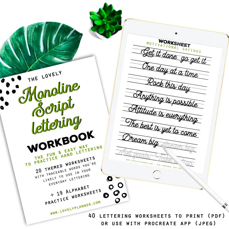 Monoline Script Lettering - 40 Practice Worksheets